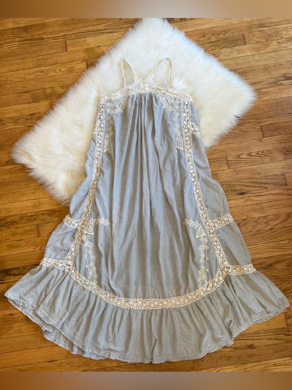 Free people blue & white boho maxi dress with crotchet trim